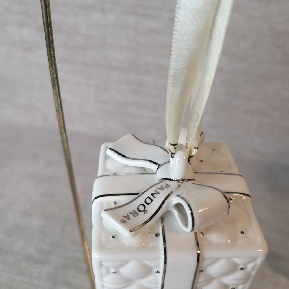 2 Pandora Gift Box Ornaments 2016 Porcelain White Christmas Holiday w Pouches